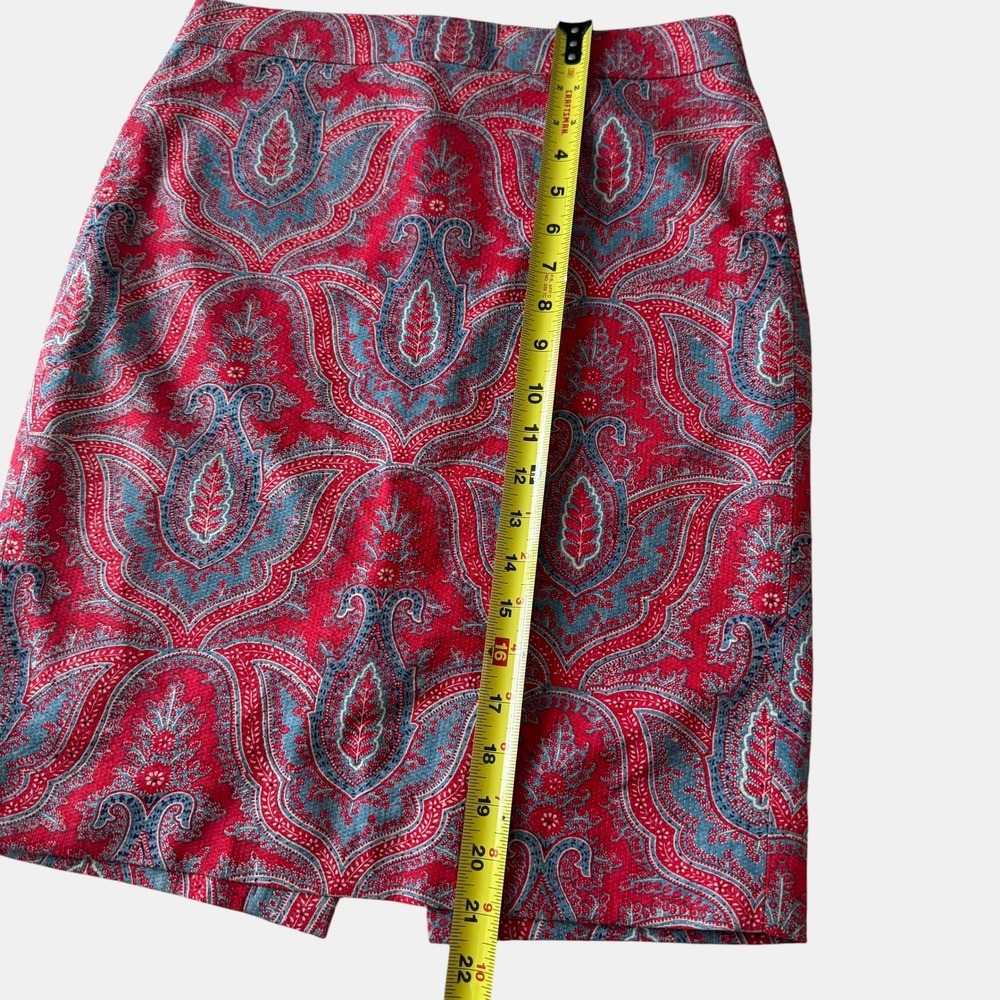 J.Crew No 2 Pencil Skirt Red Blue Paisley Cotton Pique sz 2 preppy academia bold - Picture 5 of 8